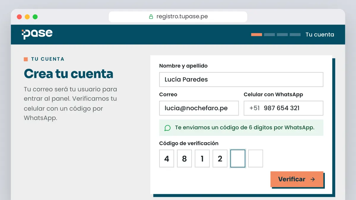 Registro de Pase: datos de la cuenta y código de verificación enviado por WhatsApp
