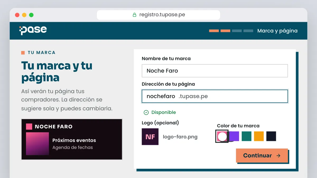Registro de Pase: nombre de la marca, dirección en tupase.pe, logo y color, con la vista previa de la página