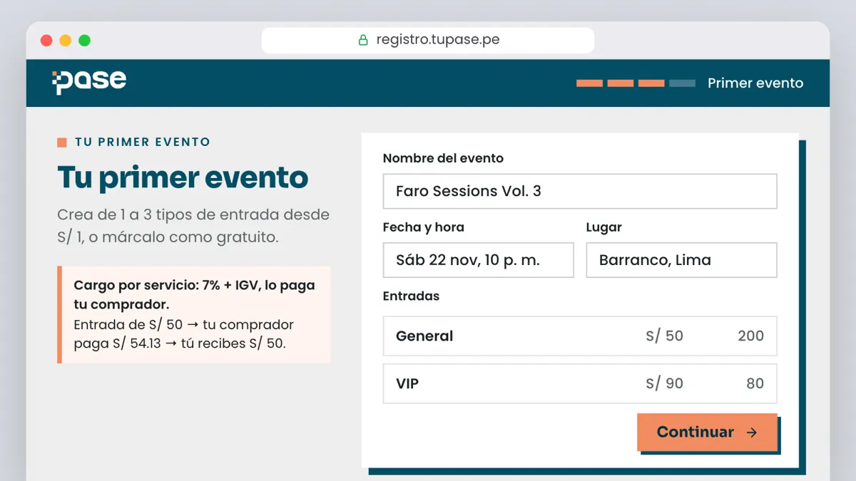 Registro de Pase: datos del primer evento y tipos de entrada, con el aviso del cargo por servicio