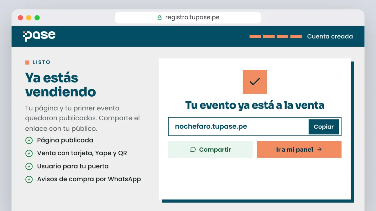 Registro de Pase: cuenta creada, con el enlace de la página para copiar o compartir
